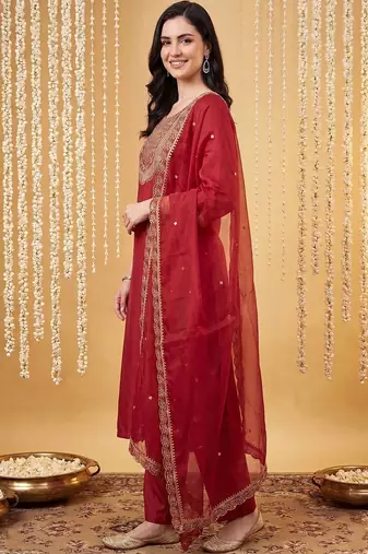 Women Ethnic Motifs Embroidered Regular Liva Kurta with Palazzos & With Dupatta