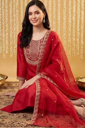 Women Ethnic Motifs Embroidered Regular Liva Kurta with Palazzos & With Dupatta