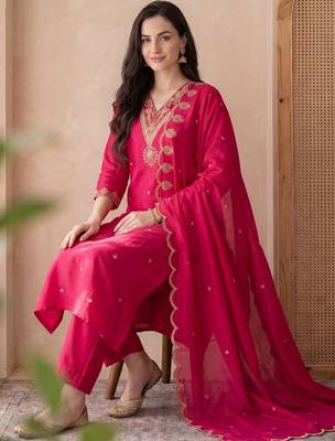 Women Ethnic Motifs Embroidered Regular Thread Work Kurta with Trousers & With Dupatta 1