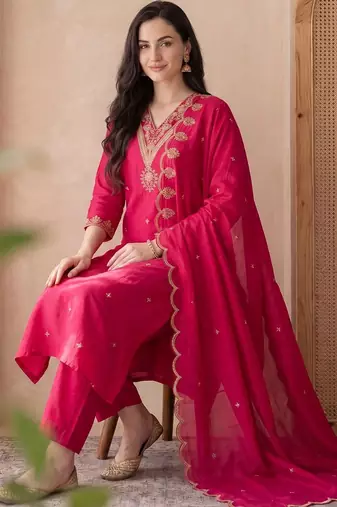 Women Ethnic Motifs Embroidered Regular Thread Work Kurta with Trousers & With Dupatta