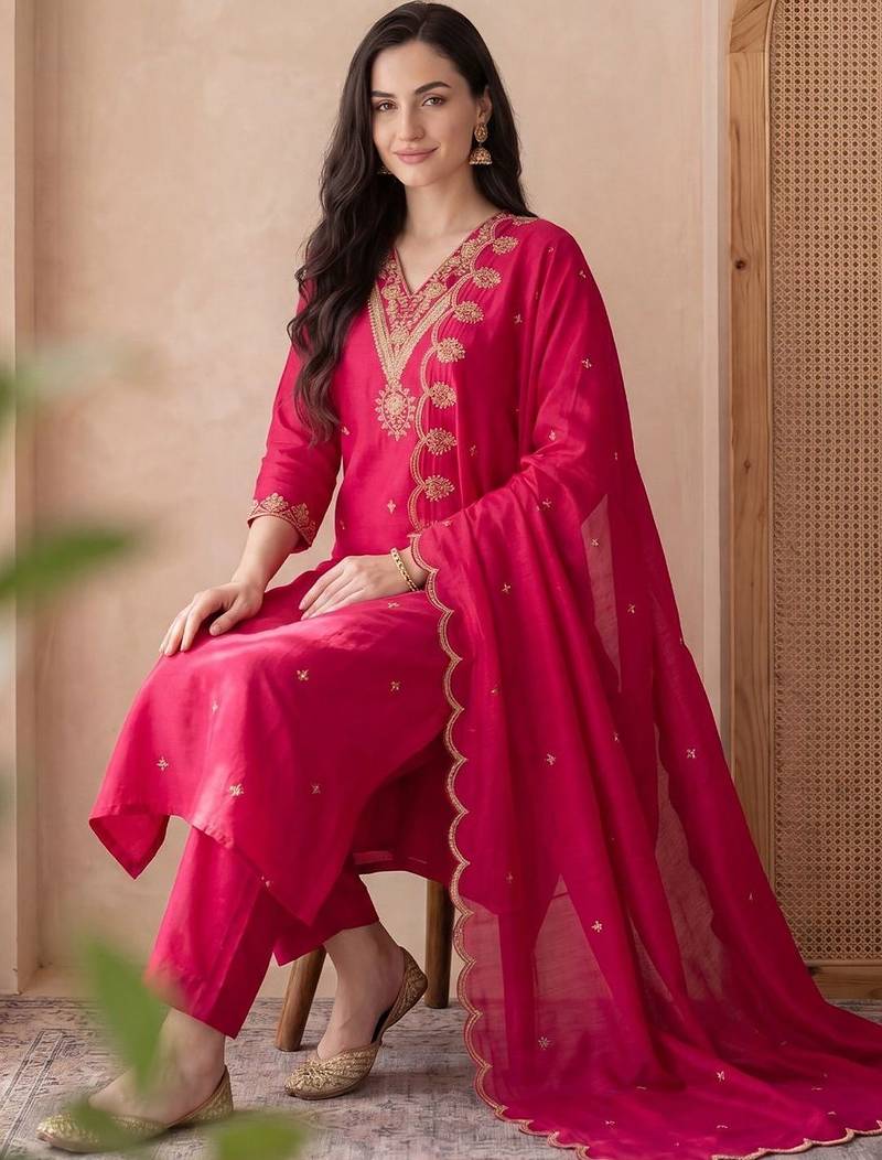 Women Ethnic Motifs Embroidered Regular Thread Work Kurta with Trousers & With Dupatta