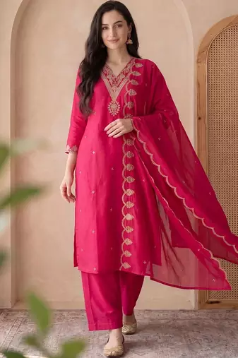 Women Ethnic Motifs Embroidered Regular Thread Work Kurta with Trousers & With Dupatta
