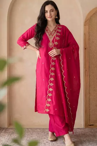 Women Ethnic Motifs Embroidered Regular Thread Work Kurta with Trousers & With Dupatta