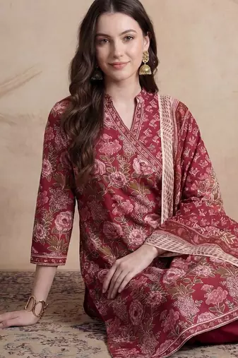 Women Floral Printed Angrakha Pure Cotton Kurta with Trousers & With Dupatta