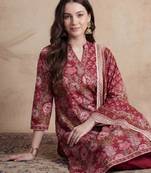 Women Floral Printed Angrakha Pure Cotton Kurta with Trousers & With Dupatta