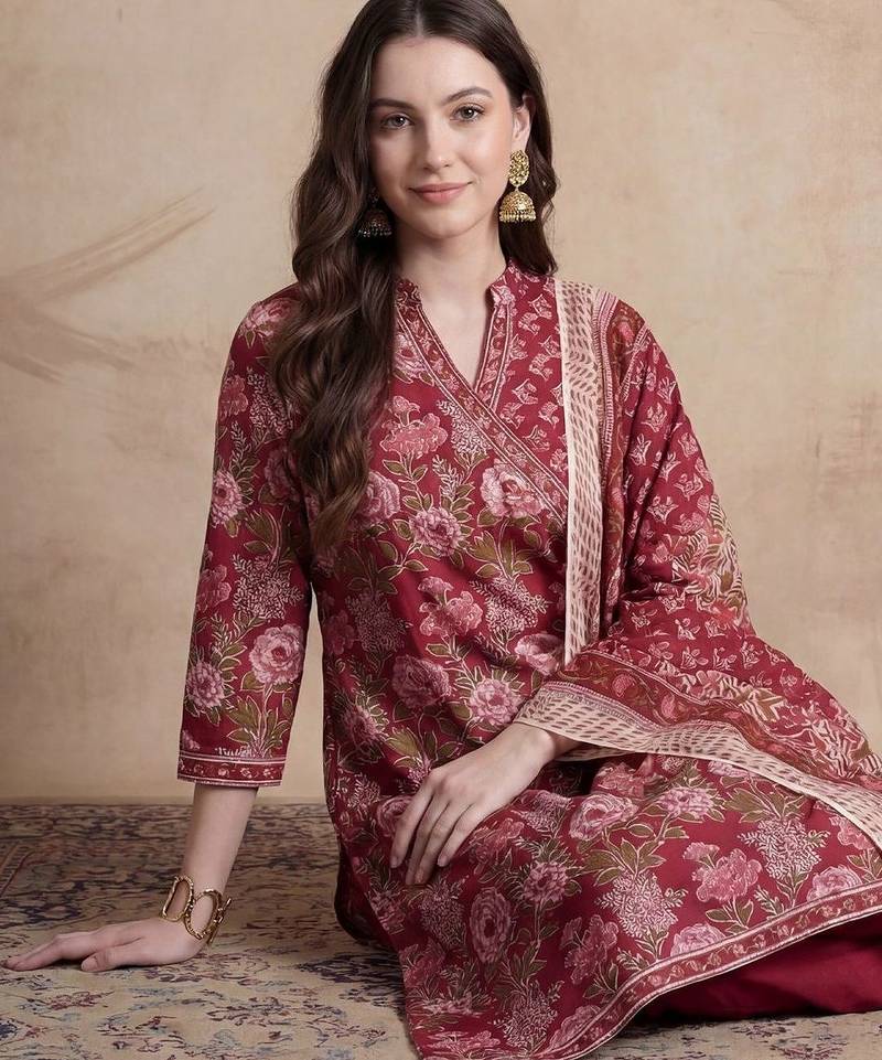 Women Floral Printed Angrakha Pure Cotton Kurta with Trousers & With Dupatta