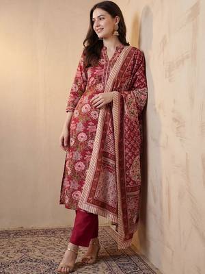 Women Floral Printed Angrakha Pure Cotton Kurta with Trousers & With Dupatta 2