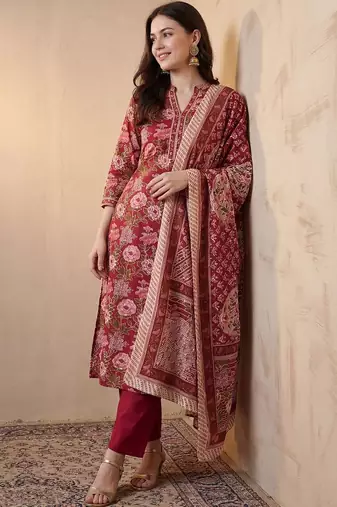 Women Floral Printed Angrakha Pure Cotton Kurta with Trousers & With Dupatta