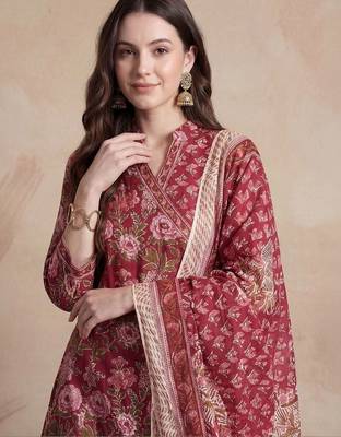 Women Floral Printed Angrakha Pure Cotton Kurta with Trousers & With Dupatta 3