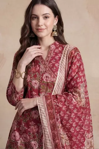 Women Floral Printed Angrakha Pure Cotton Kurta with Trousers & With Dupatta
