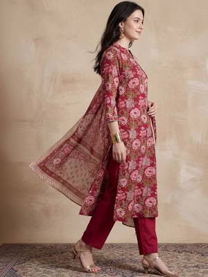 Women Floral Printed Angrakha Pure Cotton Kurta with Trousers & With Dupatta 4