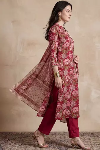 Women Floral Printed Angrakha Pure Cotton Kurta with Trousers & With Dupatta