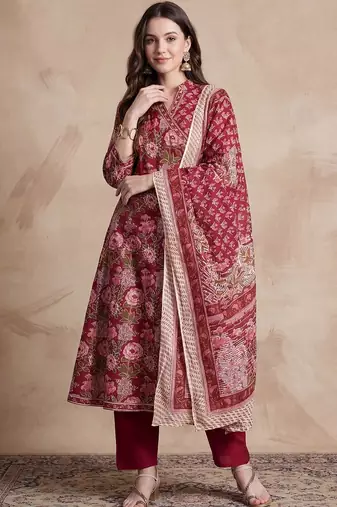 Women Floral Printed Angrakha Pure Cotton Kurta with Trousers & With Dupatta