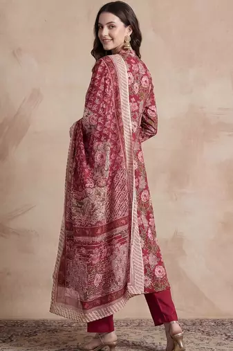 Women Floral Printed Angrakha Pure Cotton Kurta with Trousers & With Dupatta