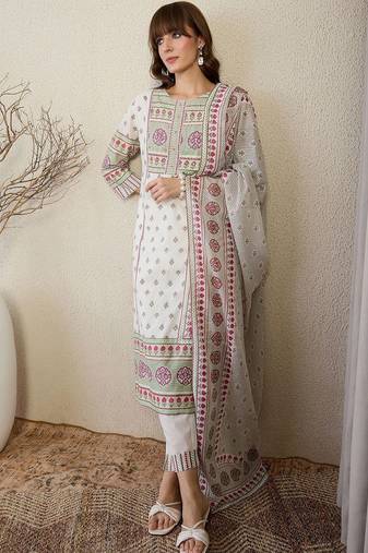 Women Ethnic Motifs Printed Regular Pure Cotton Kurta with Trousers & With Dupatta