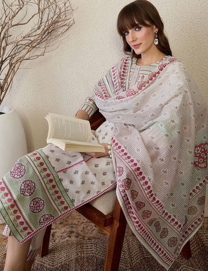 Women Ethnic Motifs Printed Regular Pure Cotton Kurta with Trousers & With Dupatta
