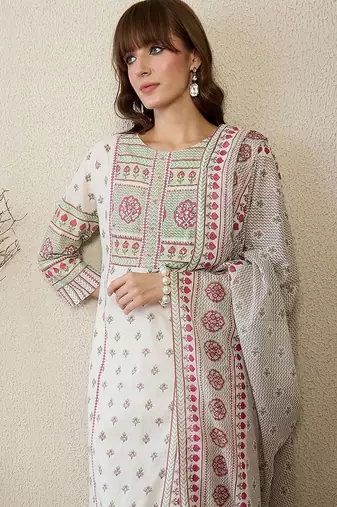 Women Ethnic Motifs Printed Regular Pure Cotton Kurta with Trousers & With Dupatta