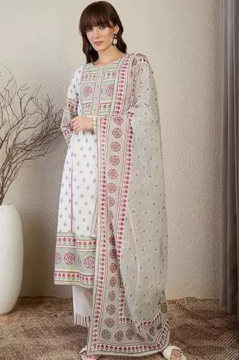 Women Ethnic Motifs Printed Regular Pure Cotton Kurta with Trousers & With Dupatta