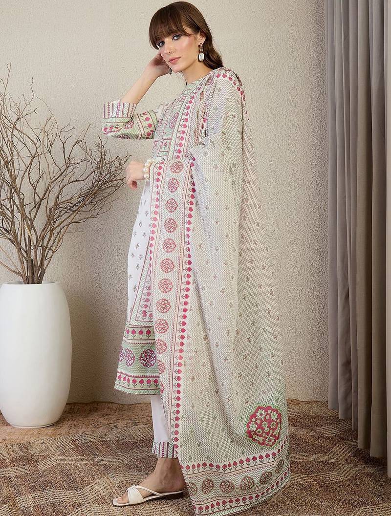 Women Ethnic Motifs Printed Regular Pure Cotton Kurta with Trousers & With Dupatta