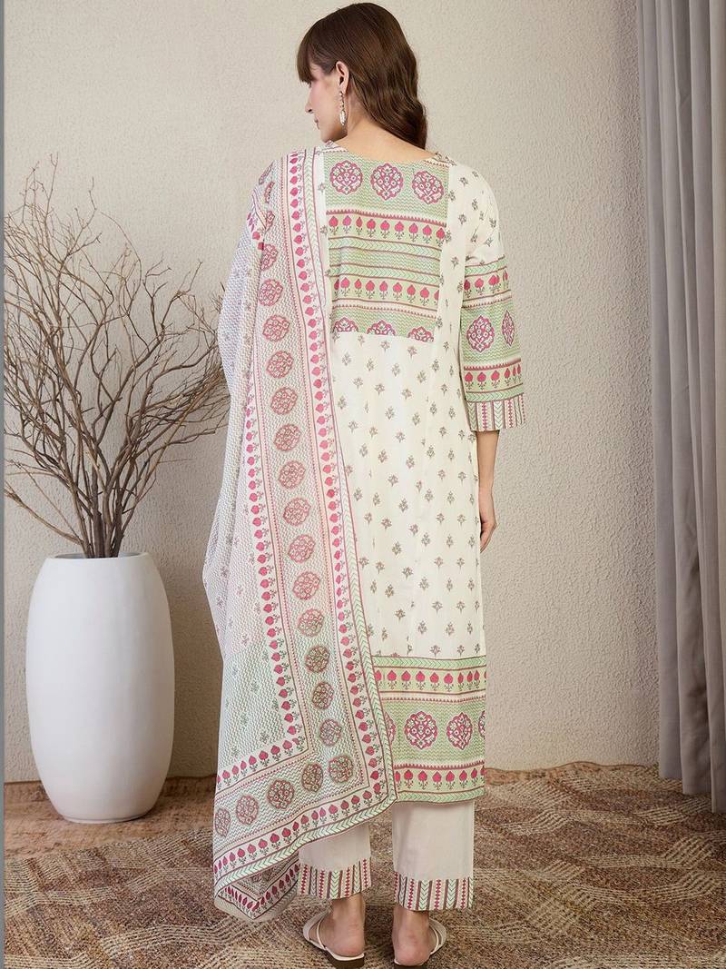 Women Ethnic Motifs Printed Regular Pure Cotton Kurta with Trousers & With Dupatta