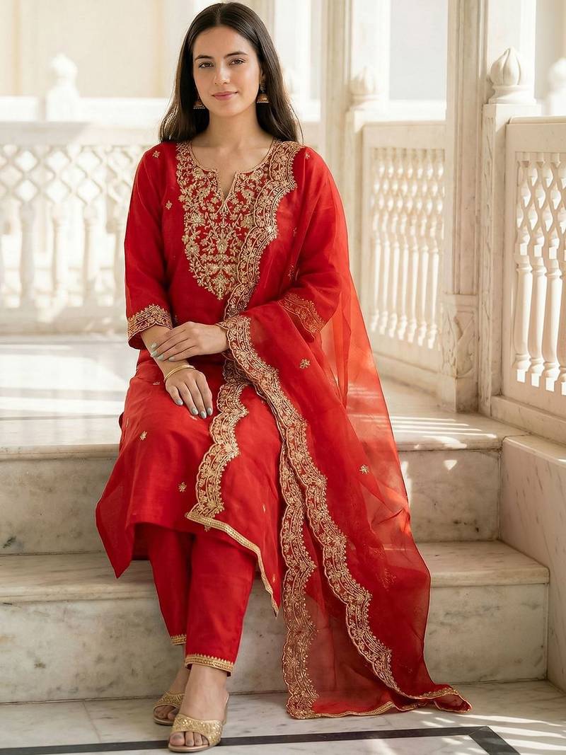 Women Ethnic Motifs Embroidered Regular Thread Work Liva Kurta with Trousers & With Dupatta