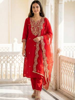 Women Ethnic Motifs Embroidered Regular Thread Work Liva Kurta with Trousers & With Dupatta 4