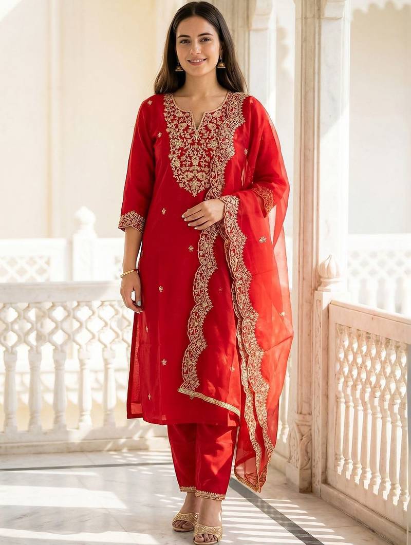 Women Ethnic Motifs Embroidered Regular Thread Work Liva Kurta with Trousers & With Dupatta