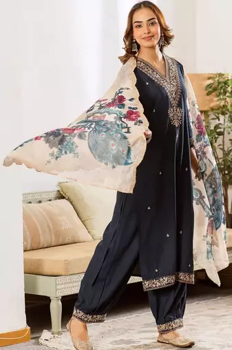 Women Ethnic Motifs Embroidered Regular Thread Work Kurta with Harem Pants & With Dupatta