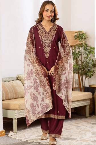 Women Ethnic Motifs Embroidered Regular Thread Work Kurta with Palazzos & With Dupatta