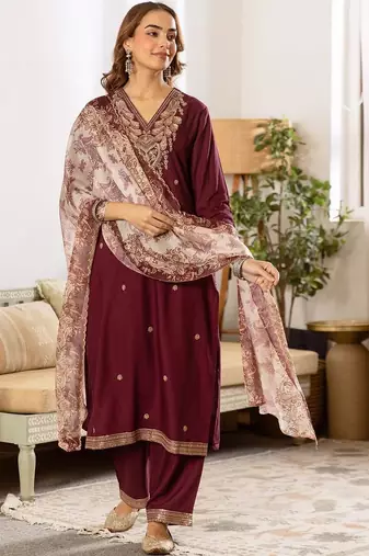 Women Ethnic Motifs Embroidered Regular Thread Work Kurta with Palazzos & With Dupatta
