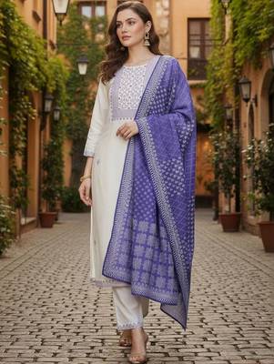 Women Ethnic Motifs Embroidered Regular Thread Work Pure Cotton Kurta with Trousers & With Dupatta 1