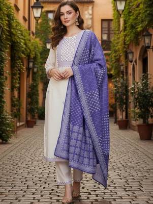 Women Ethnic Motifs Embroidered Regular Thread Work Pure Cotton Kurta with Trousers & With Dupatta 3