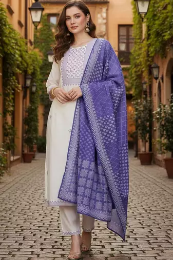 Women Ethnic Motifs Embroidered Regular Thread Work Pure Cotton Kurta with Trousers & With Dupatta