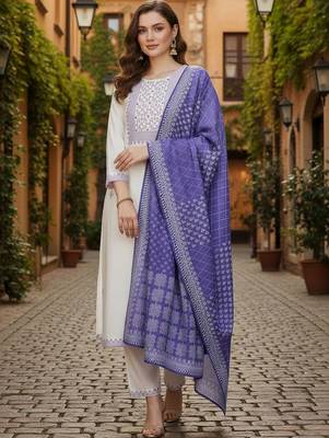 Women Ethnic Motifs Embroidered Regular Thread Work Pure Cotton Kurta with Trousers & With Dupatta 4