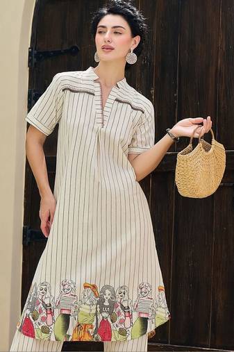 Women Striped Regular Pure Cotton Kurta with Trousers