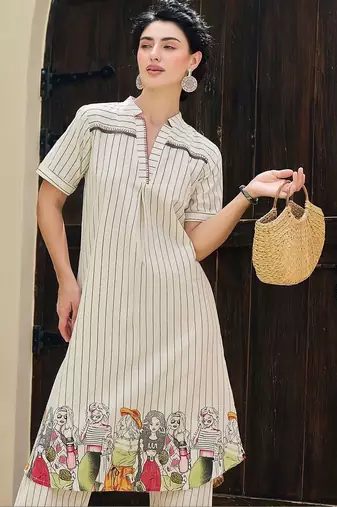 Women Striped Regular Pure Cotton Kurta with Trousers
