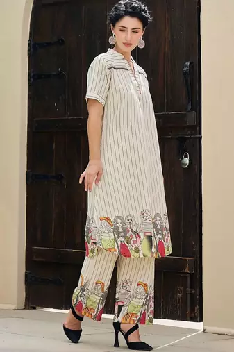 Women Striped Regular Pure Cotton Kurta with Trousers