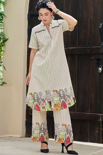 Women Striped Regular Pure Cotton Kurta with Trousers