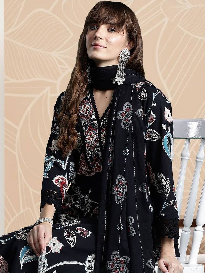 Women Floral Printed Regular Pure Cotton Kurta with Trousers & With Dupatta