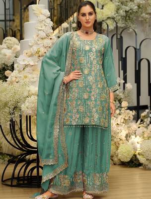 Women Ethnic Motifs Embroidered Regular Sequinned Kurta with Sharara & With Dupatta 1