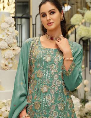 Women Ethnic Motifs Embroidered Regular Sequinned Kurta with Sharara & With Dupatta 3