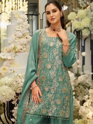 Women Ethnic Motifs Embroidered Regular Sequinned Kurta with Sharara & With Dupatta 4