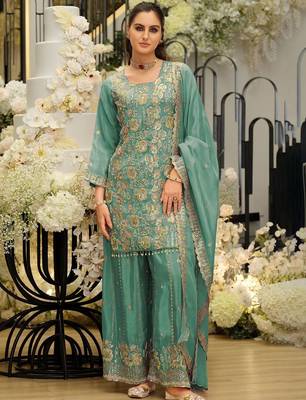 Women Ethnic Motifs Embroidered Regular Sequinned Kurta with Sharara & With Dupatta 5
