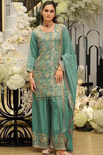 Women Ethnic Motifs Embroidered Regular Sequinned Kurta with Sharara & With Dupatta