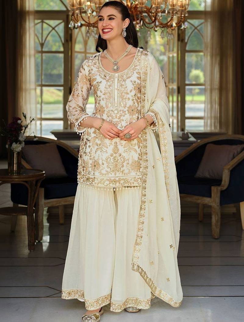 Women Floral Embroidered Regular Beads and Stones Kurta with Sharara & With Dupatta