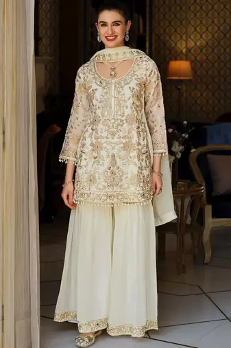 Women Floral Embroidered Regular Beads and Stones Kurta with Sharara & With Dupatta