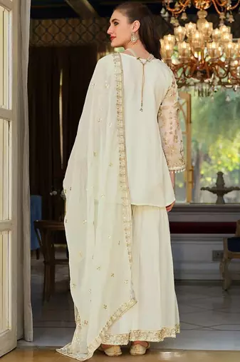 Women Floral Embroidered Regular Beads and Stones Kurta with Sharara & With Dupatta