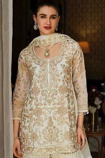 Women Floral Embroidered Regular Beads and Stones Kurta with Sharara & With Dupatta