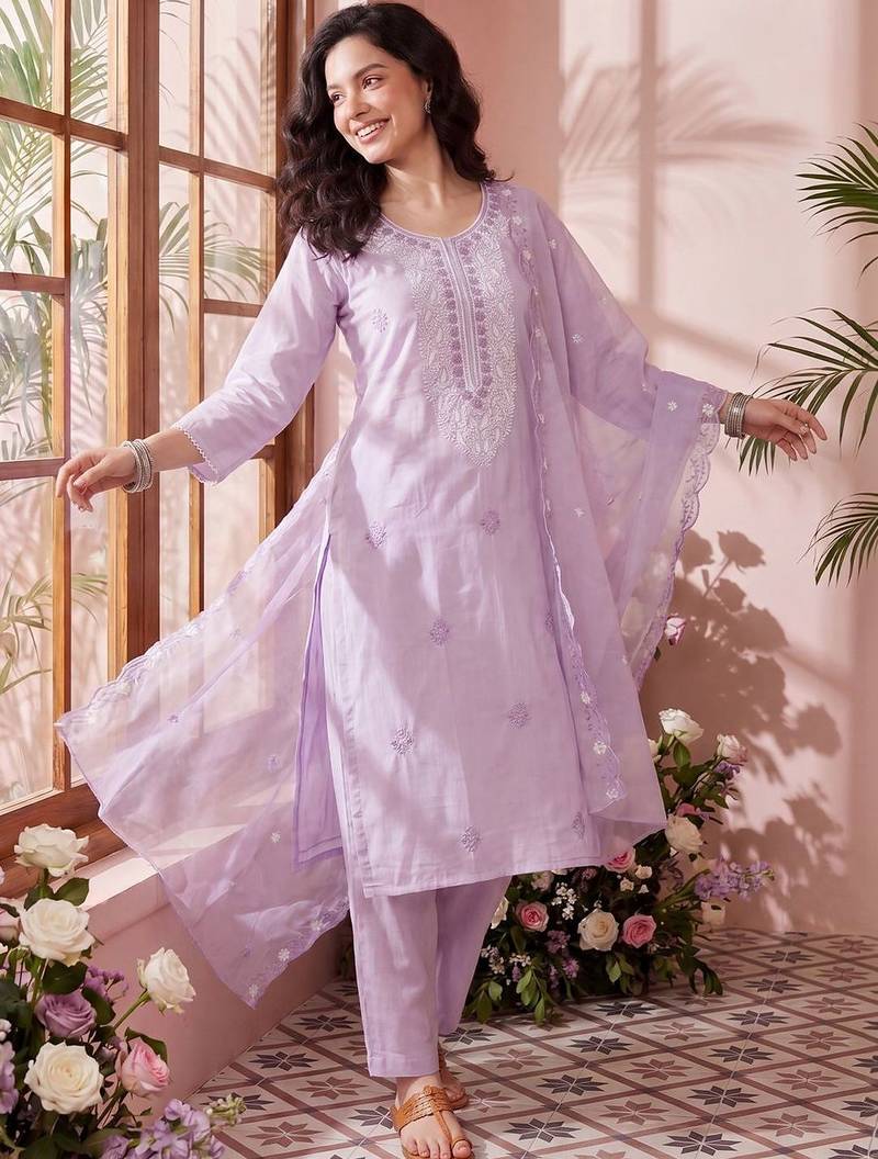 Women Ethnic Motifs Embroidered Regular Chikankari Kurta with Trousers & With Dupatta