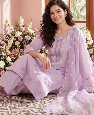 Women Ethnic Motifs Embroidered Regular Chikankari Kurta with Trousers & With Dupatta 5